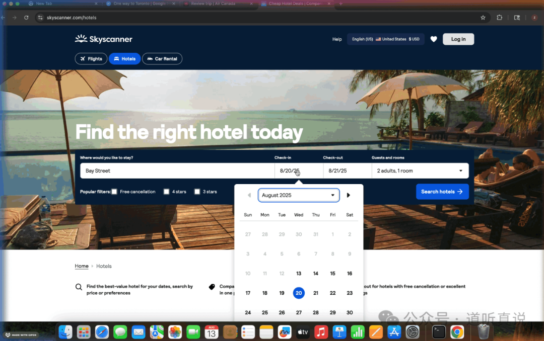 Skyscanner网站酒店预订页面截图，显示搜索栏、日期选择器和客人数量设置