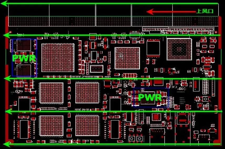 PCB散热风道与发热元件布局示意图