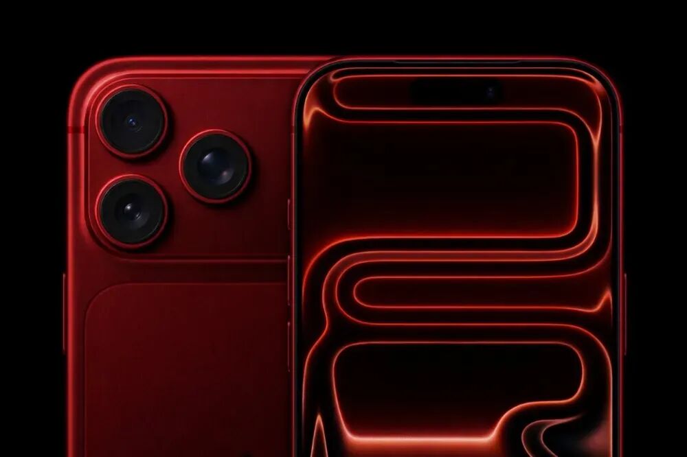 红色iPhone 18 Pro渲染图，展示背面设计与正面光效