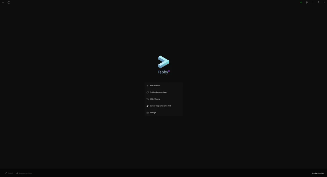 Tabby 软件启动界面，显示新终端、配置文件、WSL、设置等选项