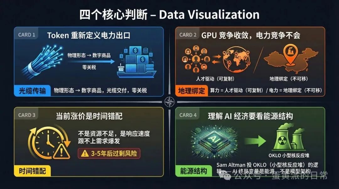四个核心判断可视化卡片：Token定义出口、电力成为终局变量等