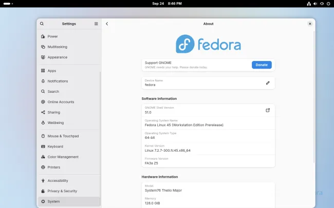 Fedora 45 Workstation Edition 预发布版系统信息截图