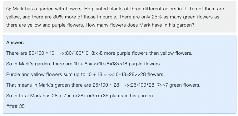 一张包含数学题及其解答的截图,题目描述Mark花园中种植了三种颜色的花(黄色、紫色、绿色),并给出数量关系。解答部分逐步计算出每种花的数量:黄色10朵,紫色18朵,绿色7朵,最终得出总数35朵。文字为黑色,背景为浅蓝色,排版清晰。
