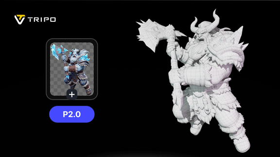 TRIPO P2.0生成蓝白配色兽人战士角色3D线框模型，手持冰霜巨斧