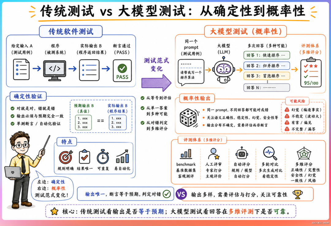 一张对比传统软件测试与大模型测试（概率性）的教育类信息图，左侧为传统确定性测试，右侧为大模型概率性测试的多维评分体系