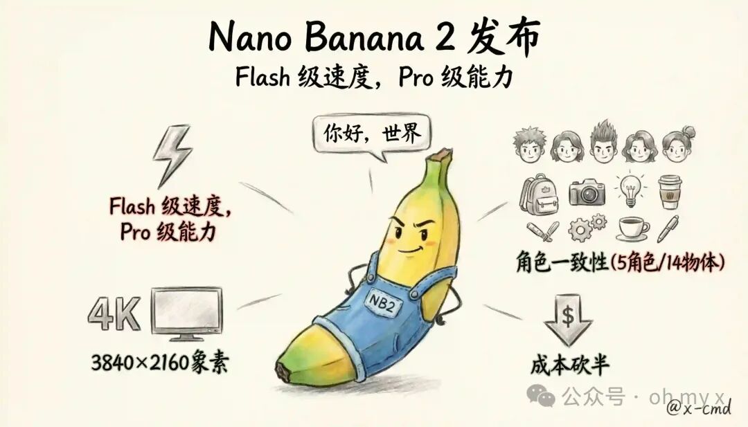 Nano Banana 2 宣传图：一个穿着蓝色背带裤、标有“NB2”的卡通香蕉角色，周围环绕着其特性介绍，如 Flash 级速度、Pro 级能力、4K分辨率和角色一致性等
