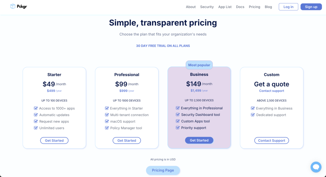 Pckgr订阅套餐与定价页面