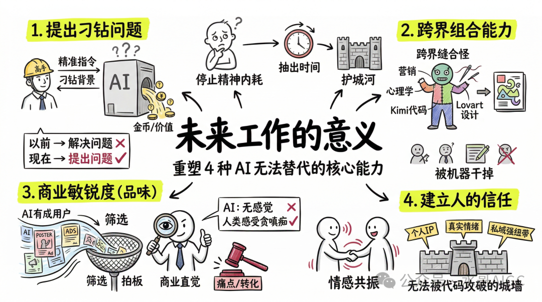 阐述AI无法替代的四种核心能力：提问、跨界、品味、信任的信息图
