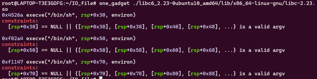 使用one_gadget工具查找可用的gadget