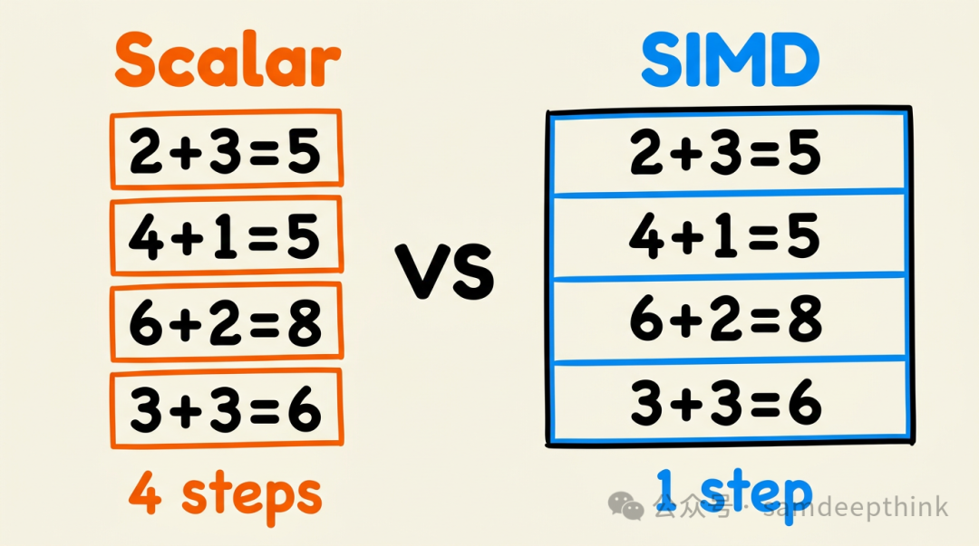 SIMD与标量计算对比示意图