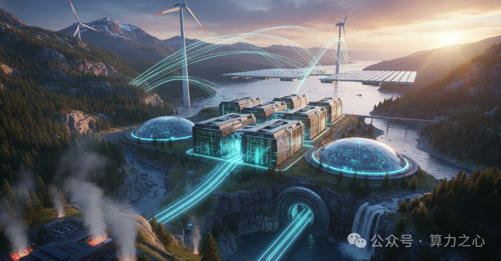 一幅描绘未来科技能源基地的科幻场景图，展现了科技与能源的融合