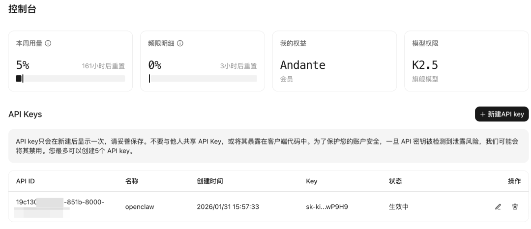Kimi Code控制台显示API使用额度