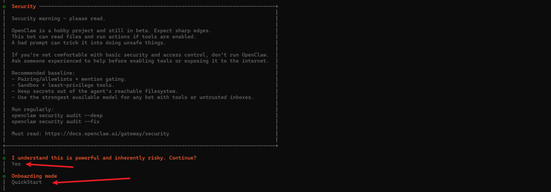 OpenClaw安全警告及配置选项界面