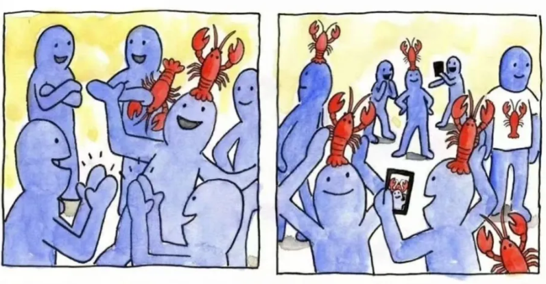 漫画：一群蓝色无面人形角色正在欢乐地举行一场以龙虾为主题的社交狂欢