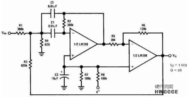 高Q值带通滤波器电路图