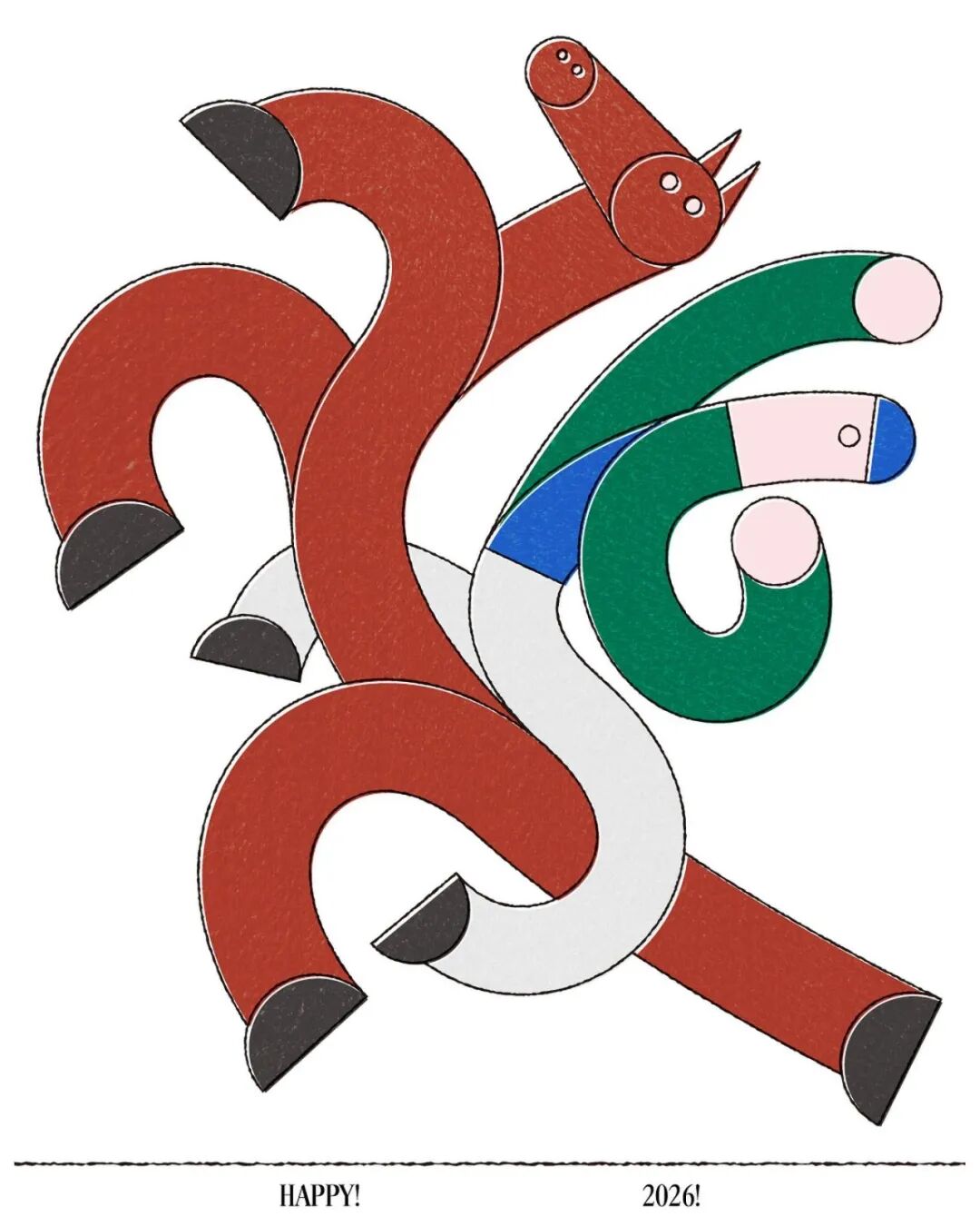 抽象艺术：红色、绿色、白色、蓝色曲线构成“2026”，其中红色部分含马头造型