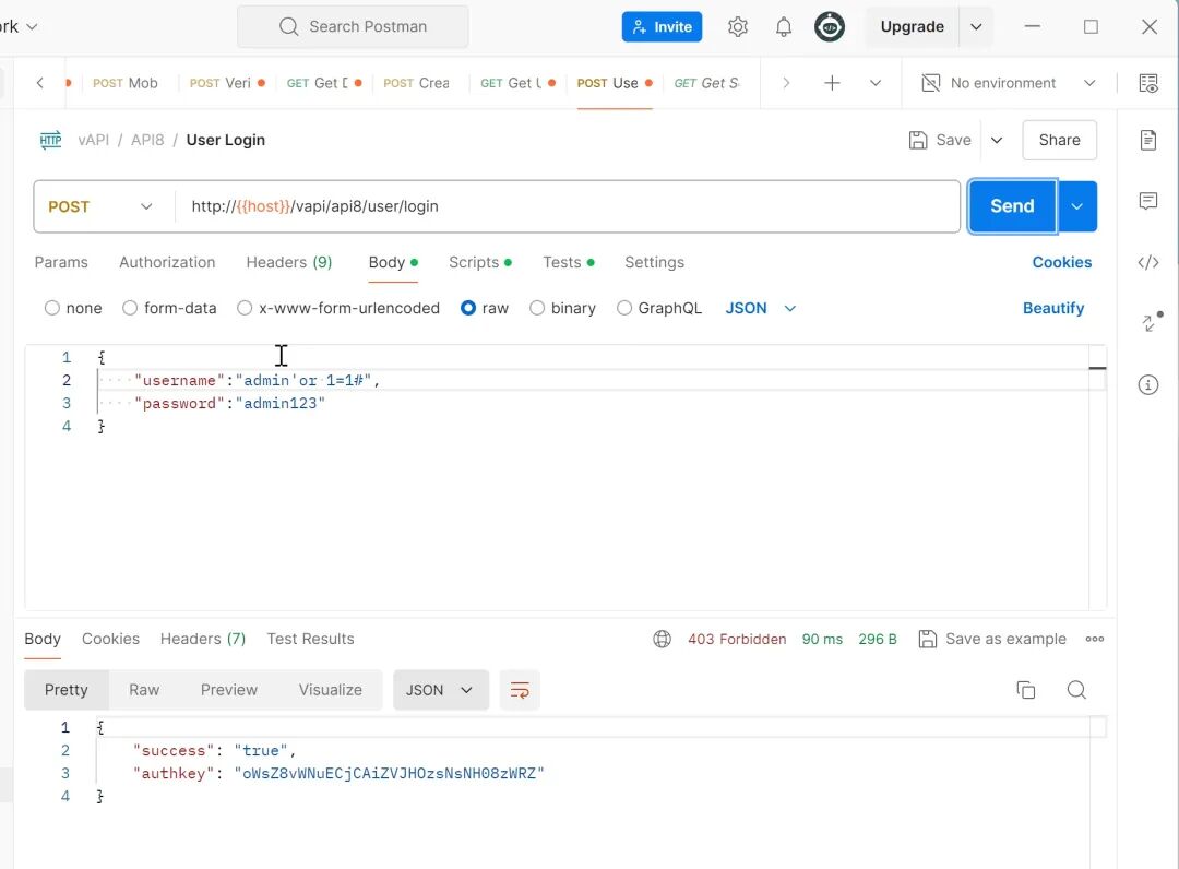 使用SQL注入payload成功登录，获取authkey