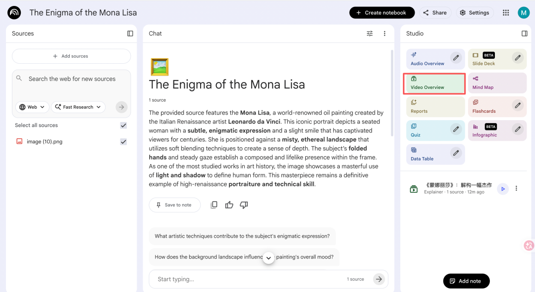 NotebookLM 界面截图，显示已上传《蒙娜丽莎》图片并生成描述，右侧“Video Overview”按钮被高亮
