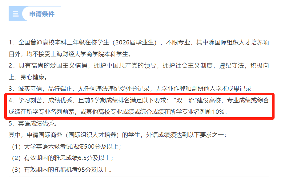 上海财经大学申请条件截图，对双一流和其他高校学生成绩要求不同