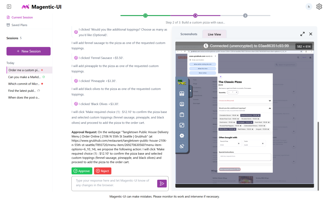 Magentic-UI 主界面展示：左侧为任务计划面板，右侧为实时操作界面，用户正在自定义披萨订单