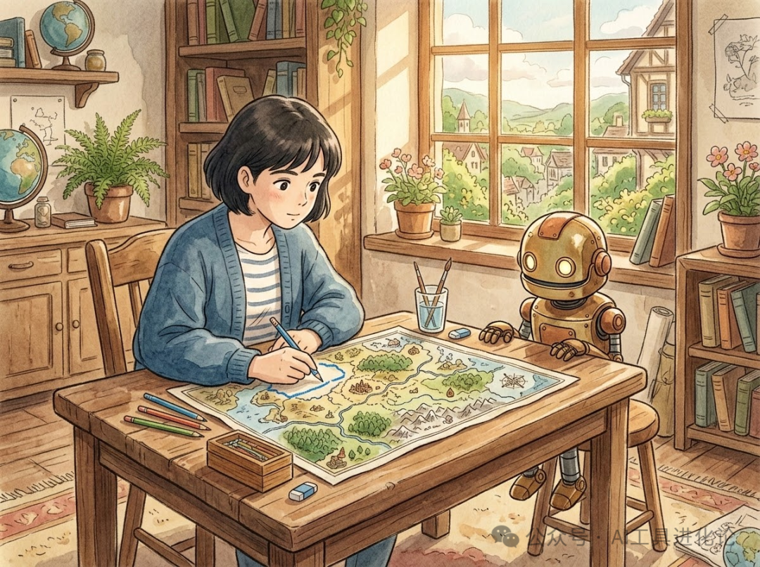 一幅描绘人类与AI协作绘制地图的温馨插画