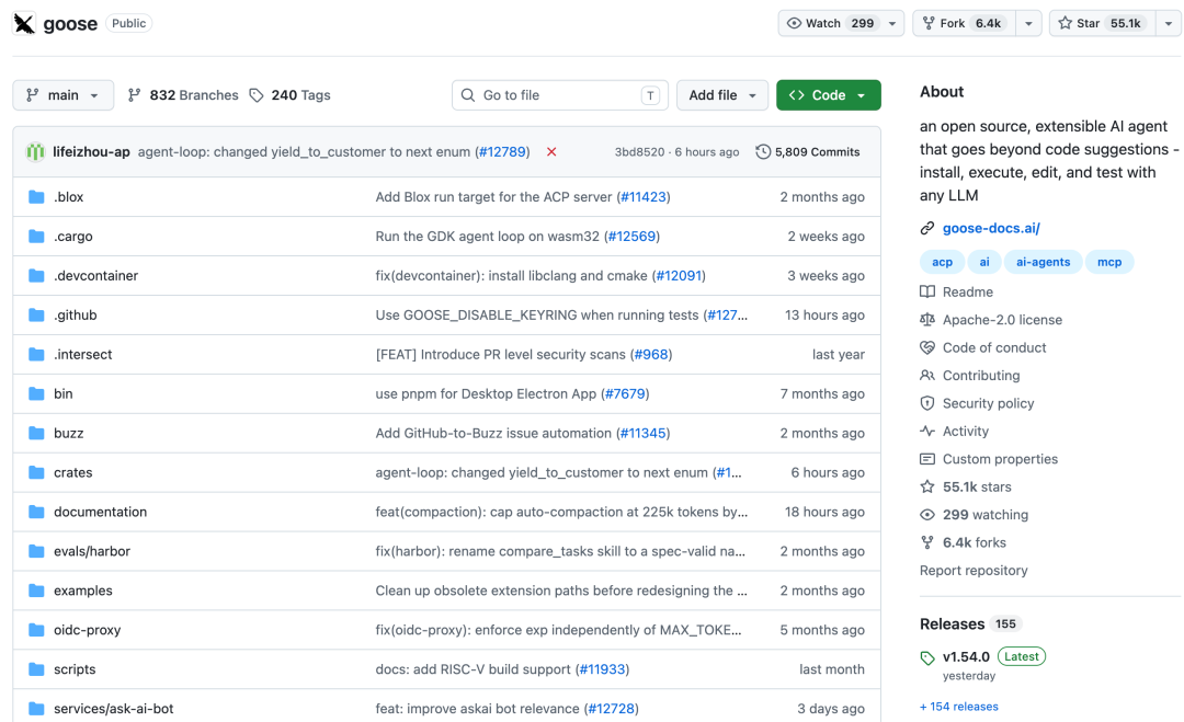Goose GitHub 仓库页面,展示可扩展 AI 代理项目信息