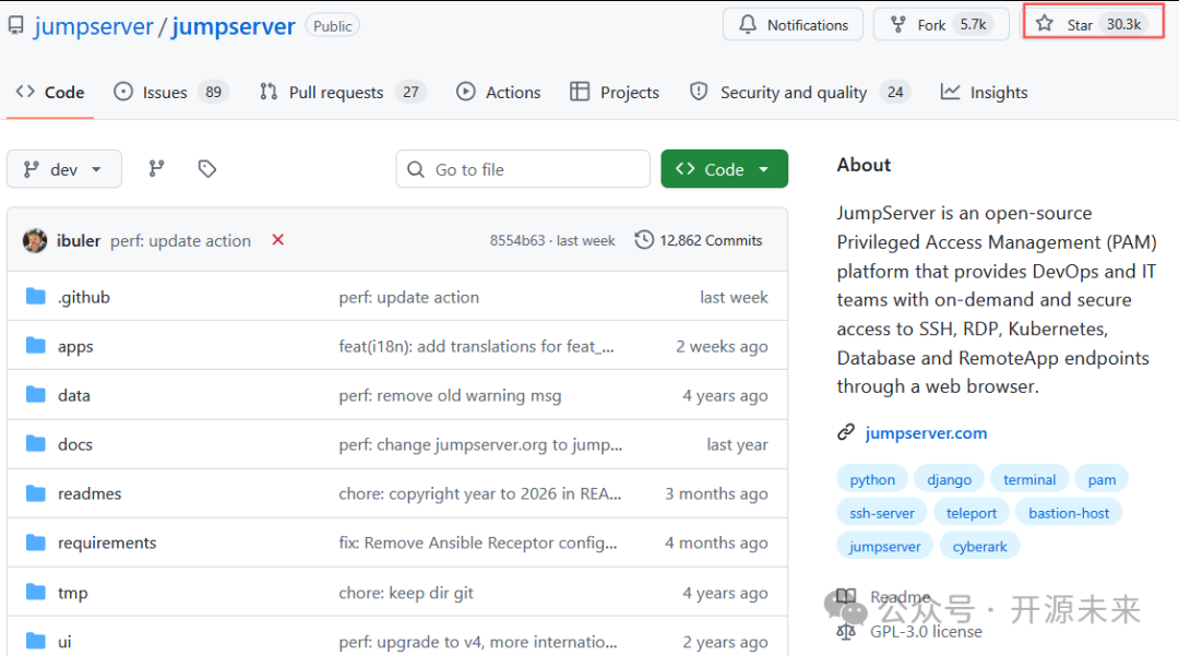 JumpServer GitHub仓库主页，Star数超30.3k