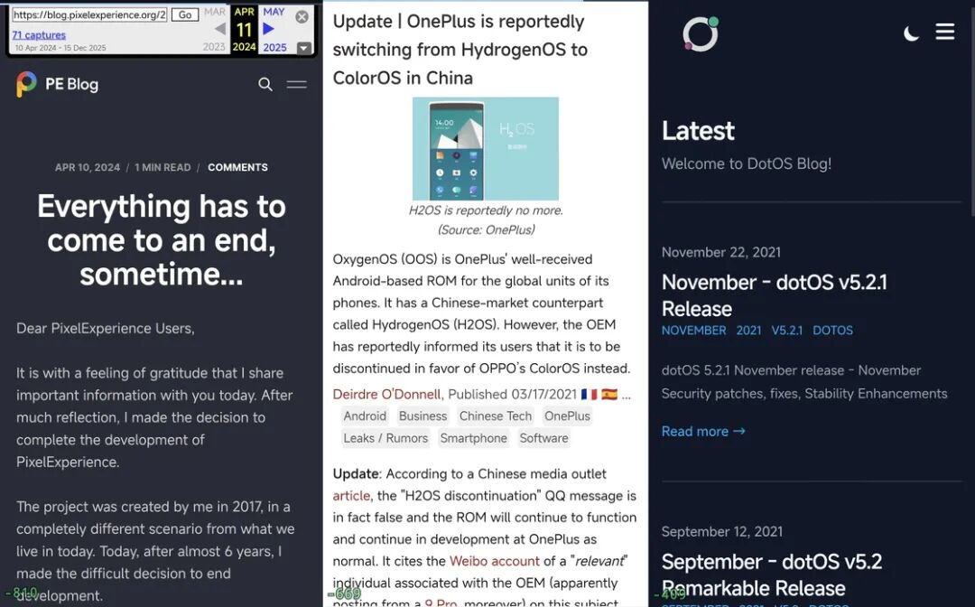 PixelExperience、OnePlus、DotOS等项目停止开发或转型的博客页面截图