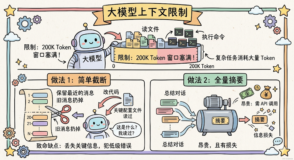 一张大模型上下文限制与应对策略的科普插画。画面中央是卡通机器人形象,上方标题为‘大模型上下文限制’。左侧展示‘做法1:简单截断’——用剪刀剪掉旧消息(编号20、21、N等),标注‘保留最近的消息,旧消息扔掉’,下方指出致命缺点‘丢失关键信息,犯低级错误’;右侧为‘做法2:全量摘要’——对话文本输入压缩机,输出‘摘要’,标注‘昂贵:需API调用’‘信息损失’。顶部说明‘限制:200K Token 窗口塞满!’,并配图‘读文件’→‘执行命令’流程,强调复杂任务消耗大量Token。