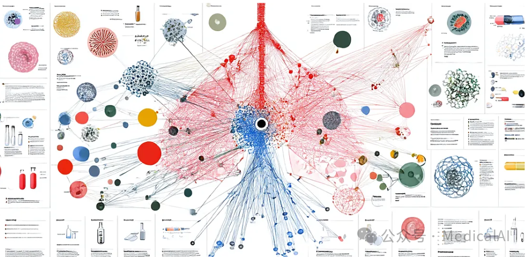 一张描绘复杂生物医学数据与知识网络的科学信息图