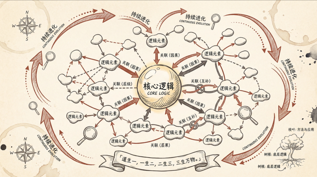 由核心逻辑与逻辑元素构成的持续进化网络图