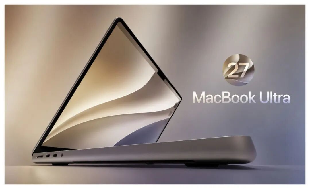 MacBook Ultra 笔记本电脑宣传图,机身金属质感,屏幕以独特角度打开