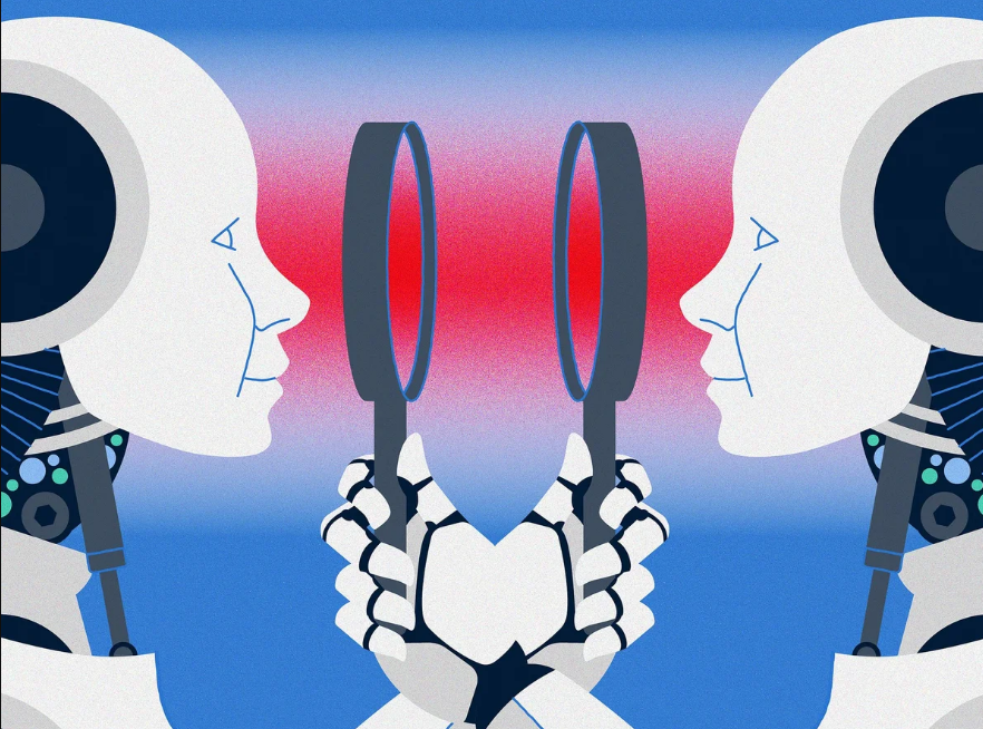 两个机器人共同托举放大镜，象征 AI 自我迭代与探索