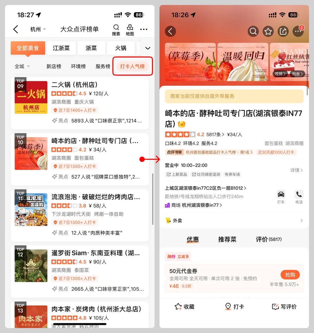 大众点评打卡人气榜界面