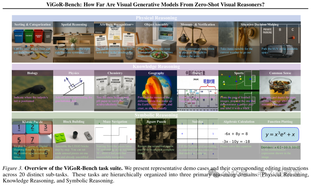 ViGoR-Bench任务套件概览,展示三大推理领域下的20个子任务示例