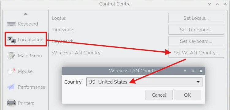 Control Centre中设置WLAN Country的界面