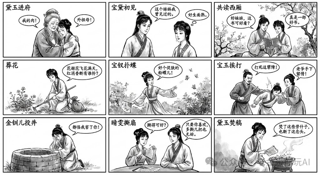 Nano Banana 2生成的《红楼梦》九宫格黑白漫画