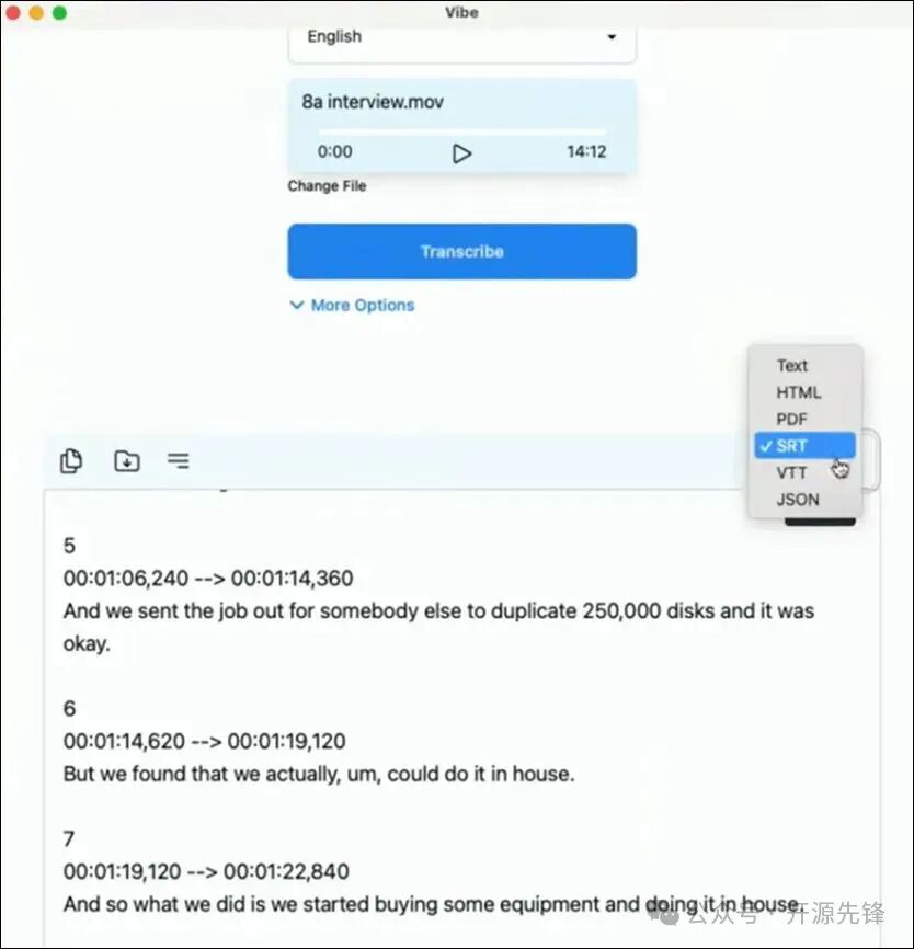 Vibe 视频转录与多格式导出界面