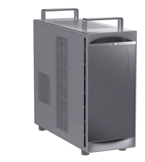 华硕ExpertCenter Pro ET900N G3主机外观，银色金属机身，带有提手设计