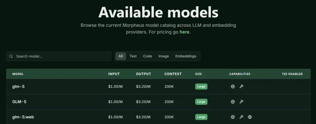 Morpheus可用模型列表界面