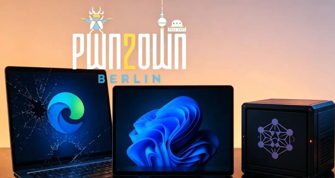 Pwn2Own Berlin赛事主题图:破碎屏幕展示Edge、Win11与AI设备