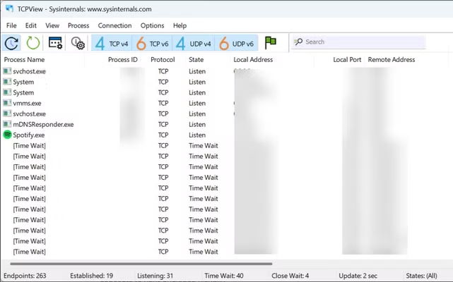 TCPView 网络连接监控进程列表