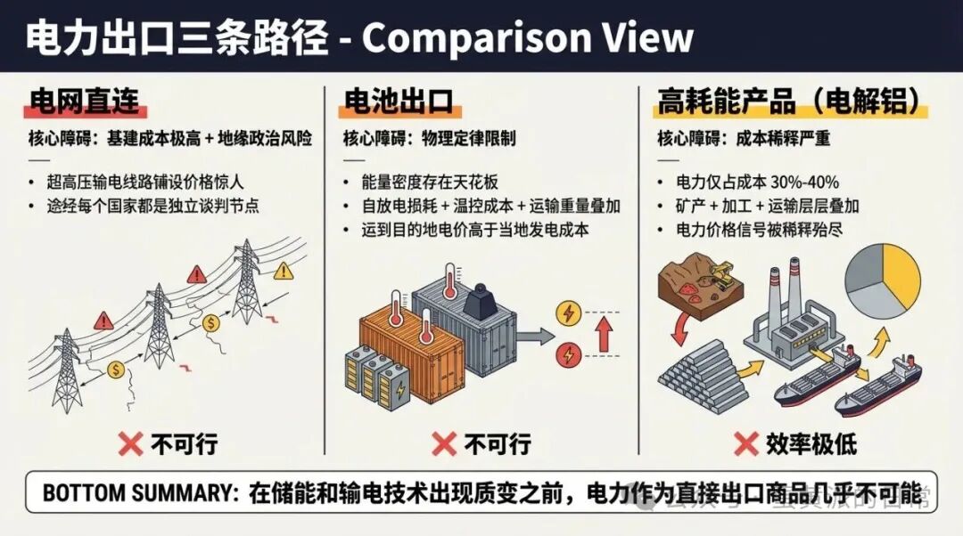 电力出口三条路径对比：电网直连、电池储运、高耗能产品转化