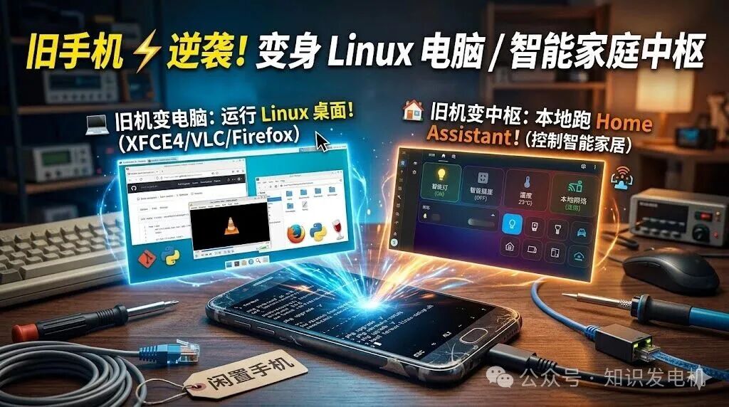 闲置安卓手机改造为Linux桌面或智能家居服务器示意图
