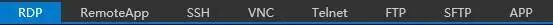 1Remote 新建连接弹窗协议选择栏,包含 RDP、RemoteApp、SSH、VNC、Telnet、FTP、SFTP、APP