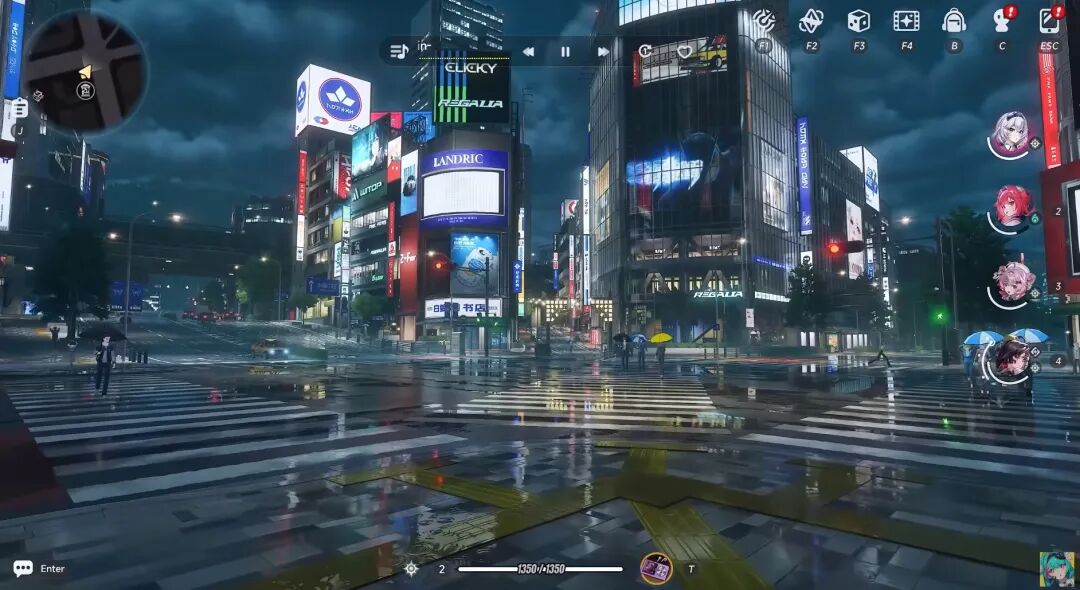 异环第一人称视角：夜晚雨中的城市街景，霓虹灯光倒映在湿漉漉的斑马线上