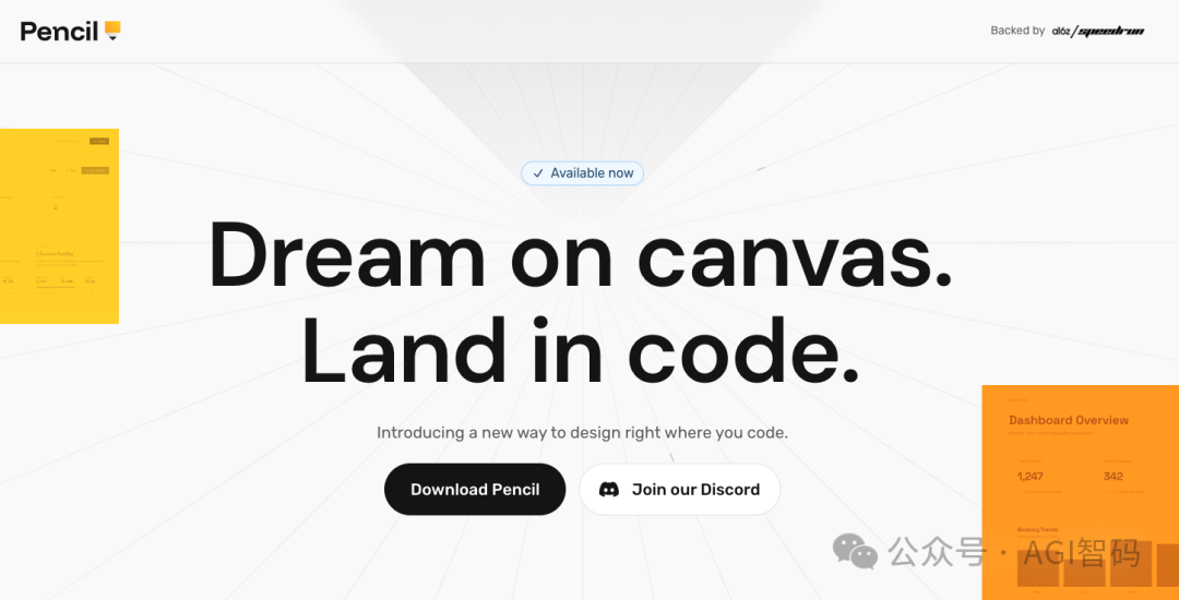 Pencil.dev 官网宣传页面，介绍其为编码环境而生的设计工具