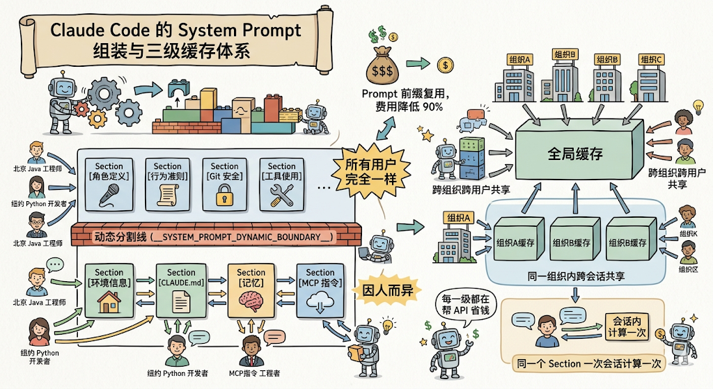 一张关于Claude Code的 System Prompt 组装与三级缓存体系的架构示意图，整体采用卡通风格。左上角标题为'Claude Code 的 System Prompt 组装与三级缓存体系'。图中包含多个模块：左侧机器人与齿轮、积木等象征开发流程；中间核心区域展示'动态分割线（_SYSTEM_PROMPT_DYNAMIC_BOUNDARY_）'将提示词分为上下两层——上层面向所有用户统一配置（Section [角色定义]、[行为准则]、[Git 安全]、[工具使用]），下层面向不同用户角色定制（环境信息、CLAUDEx.md、记忆、MCP指令），并标注'因人而异'；右侧展示缓存体系：全局缓存接收跨组织用户共享数据，下方三个组织缓存（组织A缓存、组织B缓存、组织B缓存）支持同一组织内会话共享；顶部强调'Prompt 前缀复用，费用降低90%'及'所有用户完全一样'；底部说明'每一个都在帮API省钱'、'会话内计算一次'、'同一个Section一次会话计算一次'；图中还标注了北京Java工程师、纽约Python开发者、MCP指令工程师等角色及其交互路径；右上角显示组织A/B/C建筑图标及用户头像；整体布局清晰，色彩丰富，以绿色、蓝色、橙色为主色调，辅以箭头指示数据流向。