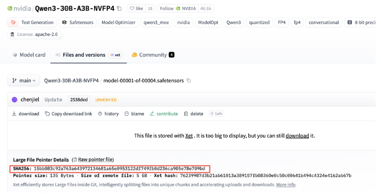 HF模型页面截图:Qwen3-30B-A3B-NVFP4模型文件下载链接、SHA256校验码及技术细节