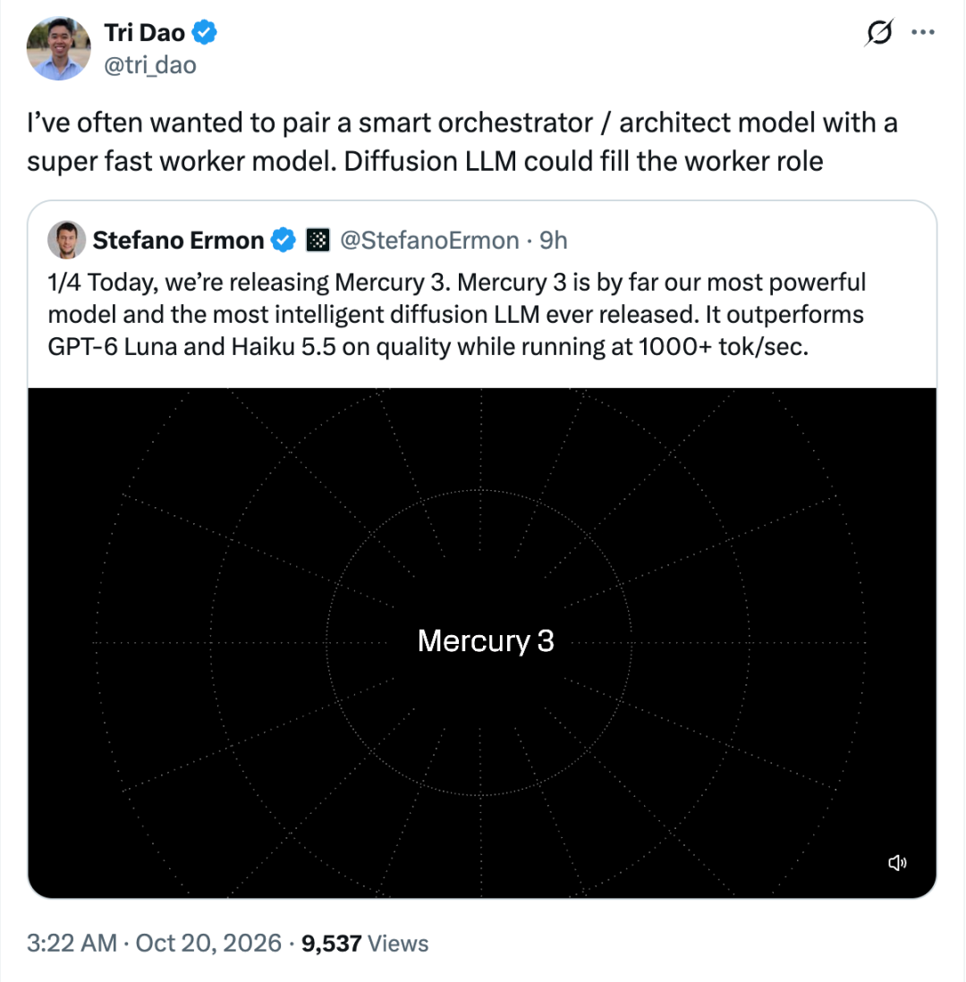 Tri Dao 评论扩散 LLM 可作为 Agent 执行者模型